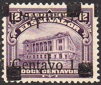 sellos timbres-poste Briefmarken stamps El Salvador 1919 Centavo surcharges on Tram Trolley Tranvia National Theatre teatro nacional 